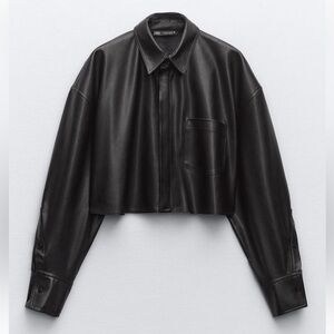 NWT: ZARA Black Faux Leather Cropped Shirt in Sz: L